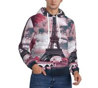 PQruop Felpa con cappuccio in pile da uomo con stampa Torre Eiffel con paesaggio, rosa con coulisse, una calda felpa con cappuccio., Nero , XS
