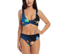 PQruop Outer Space Solar System Print - Costume da bagno da donna con incrocio frontale, bikini a collo basso, Nero , M