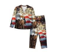 PQruop Pigiama a due pezzi da donna con stampa aquila di fuoco con bandiera americana, pigiama a maniche lunghe abbottonato con tasche, pigiama casual., Nero , XXL