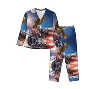 PQruop Pigiama a due pezzi da donna con stampa artistica con aquila con bandiera americana, pigiama a maniche lunghe abbottonato con tasche, pigiama casual., Nero , S