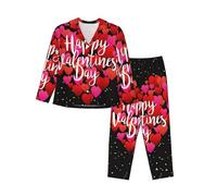 PQruop Pigiama a due pezzi da donna con stampa cuore di San Valentino, pigiama a maniche lunghe abbottonato con tasche, pigiama casual., Nero , L