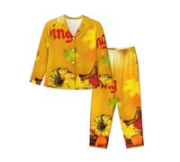 PQruop Pigiama a due pezzi da donna con stampa Happy Thanksgiving Print,Pigiama a maniche lunghe abbottonato con tasche, pigiama casual., Nero , XL
