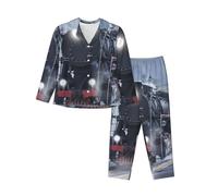 PQruop Pigiama a due pezzi da donna con stampa tramonto treno a vapore, pigiama abbottonato a maniche lunghe con tasche, pigiama casual., Nero , XXL