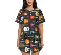 PQruop Pigiama da donna a due pezzi con stampa acustica e chitarra,Pigiama estivo a maniche corte con scollo rotondo,Abbigliamento casual per la casa, Nero , XL