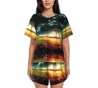PQruop Pigiama da donna a due pezzi con stampa anime,Pigiama estivo a maniche corte con scollo rotondo,Abbigliamento casual per la casa, Nero , L
