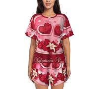 PQruop Pigiama da donna a due pezzi con stampa di buon San Valentino,Pigiama estivo a maniche corte con scollo rotondo,Abbigliamento casual per la casa, Nero , XL