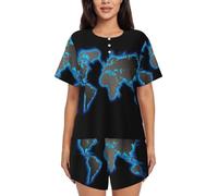 PQruop Pigiama da donna a due pezzi con stampa mappa del mondo,Pigiama estivo a maniche corte con scollo rotondo,Abbigliamento casual per la casa, Nero , L