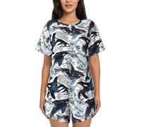 PQruop Pigiama da donna a due pezzi con stampa orca,Pigiama estivo a maniche corte con scollo rotondo,Abbigliamento casual per la casa, Nero , M