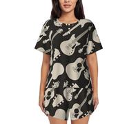 PQruop Pigiama da donna in due pezzi con stampa a chitarra,Pigiama estivo a maniche corte con scollo rotondo,Abbigliamento casual per la casa, Nero , L