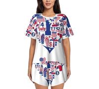 PQruop Pigiama da donna in due pezzi con stampa a cuore per l'indipendenza americana,Pigiama estivo a maniche corte con scollo rotondo, abbigliamento casual per la casa, Nero , M
