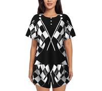 PQruop Pigiama da donna in due pezzi con stampa a quadri con motivo a bandiere bianche e nere,Pigiama estivo a maniche corte con scollo rotondo, abbigliamento casual per la casa, Nero , L