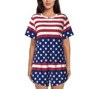 PQruop Pigiama da donna in due pezzi con stampa a strisce con bandiera americana,Pigiama estivo a maniche corte con scollo rotondo, abbigliamento casual per la casa, Nero , XL