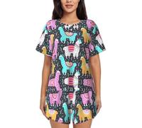 PQruop Pigiama da donna in due pezzi con stampa alpaca indiana,Pigiama estivo a maniche corte con scollo rotondo,Abbigliamento casual per la casa, Nero , S