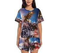 PQruop Pigiama da donna in due pezzi con stampa artistica con aquila bandiera americana,Pigiama estivo a maniche corte con scollo rotondo, abbigliamento casual per la casa, Nero , 3XL