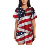 PQruop Pigiama da donna in due pezzi con stampa bandiera americana,Pigiama estivo a maniche corte con scollo rotondo,Abbigliamento casual per la casa, Nero , XL
