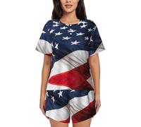 PQruop Pigiama da donna in due pezzi con stampa bandiera americana,Pigiama estivo a maniche corte con scollo rotondo,Abbigliamento casual per la casa, Nero , XXL