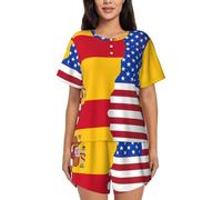 PQruop Pigiama da donna in due pezzi con stampa bandiera americana Spagna,Pigiama estivo a maniche corte con scollo rotondo,Abbigliamento casual per la casa, Nero , S