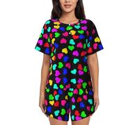 PQruop Pigiama da donna in due pezzi con stampa cuori arcobaleno,Pigiama estivo a maniche corte con scollo rotondo,Abbigliamento casual per la casa, Nero , L