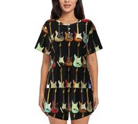 PQruop Pigiama da donna in due pezzi con stampa di chitarra artistica,Pigiama estivo a maniche corte con scollo rotondo,Abbigliamento casual per la casa, Nero , XXL