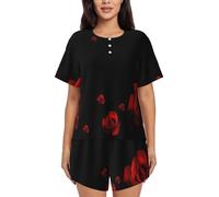 PQruop Pigiama da donna in due pezzi con stampa di sfondo nero rosa rossa,Pigiama estivo a maniche corte con scollo rotondo,Abbigliamento casual per la casa, Nero , XXL