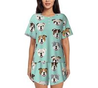 PQruop Pigiama da donna in due pezzi con stampa di volti di bulldog inglese,Pigiama estivo a maniche corte con scollo rotondo,Abbigliamento casual per la casa, Nero , XXL
