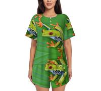 PQruop Pigiama da donna in due pezzi con stampa foglie verdi rana animale, pigiama estivo a maniche corte con scollo rotondo, abbigliamento casual per la casa, Nero , 3XL