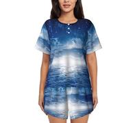 PQruop Pigiama da donna in due pezzi con stampa luna e stella cadente,Pigiama estivo a maniche corte con scollo rotondo,Abbigliamento casual per la casa, Nero , L