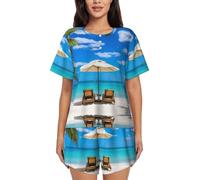 PQruop Pigiama da donna in due pezzi con stampa mare tropicale sulla spiaggia bianca,Pigiama estivo a maniche corte con scollo rotondo,Abbigliamento casual per la casa, Nero , S