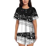 PQruop Pigiama da donna in due pezzi con stampa note musicali bianche nere,Pigiama estivo a maniche corte con scollo rotondo,Abbigliamento casual per la casa, Nero , XL
