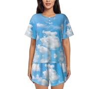 PQruop Pigiama da donna in due pezzi con stampa nuvola bianca cielo blu,Pigiama estivo a maniche corte con scollo rotondo,Abbigliamento casual per la casa, Nero , XL