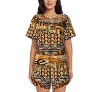 PQruop Pigiama da donna in due pezzi con stampa patchwork in stile africano,Pigiama estivo a maniche corte con scollo rotondo,Abbigliamento casual per la casa, Nero , XXL