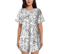 PQruop Pigiama da donna in due pezzi con stampa rosa bianca nera,Pigiama estivo a maniche corte con scollo rotondo,Abbigliamento casual per la casa, Nero , 3XL