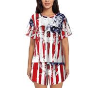 PQruop Pigiama da donna in due pezzi con stampa teschio bandiera americana,Pigiama estivo a maniche corte con scollo rotondo,Abbigliamento casual per la casa, Nero , L