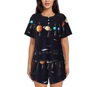 PQruop Solar System Jupiter Saturno Stampa Due Pezzi Pigiama Donna,Pigiama estivo a maniche corte Girocollo,Abbigliamento casual per la casa, Nero , S