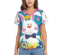 PQruop T-shirt da donna con scollo a V, leggera, casual, alla moda, alla moda, con stampa primaverile, con scritta "Happy Easter Holiday", a maniche corte, Nero , XXL