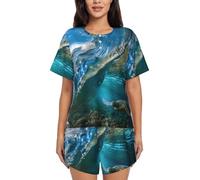 PQruop Tartaruga animale marino galleggiante sott'acqua sopra la barriera corallina stampa due pezzi pigiama da donna, pigiama estivo a maniche corte girocollo, abbigliamento casual per la casa, Nero