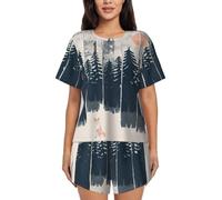 PQruop Wilderness Fox Art Print Pigiama da donna in due pezzi,Pigiama estivo a maniche corte con scollo rotondo, abbigliamento casual per la casa, Nero , L