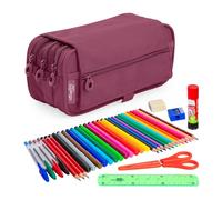 PracticDomus ColePack - Astuccio scolastico a 3 scomparti, portapenne triplo con materiale di prima marca incluso, Eco viola, Borse scolastiche