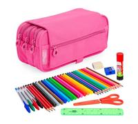 PracticDomus ColePack - Astuccio scolastico a 3 scomparti, portapenne triplo con materiale di prima marca incluso, Eco Fucsia, Borse scolastiche