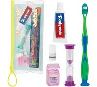 Practicon Kit per la cura dentale per bambini, formato da viaggio, con spazzolino da denti, dentifricio Crest, filo interdentale, balsamo per le labbra e timer per sabbia, kit per l'igiene orale dei