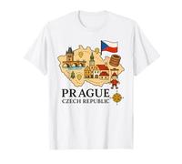 Praga Repubblica Ceca Cartone animato Mappa Destinazioni Souvenir Maglietta