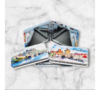 Praha Souvenir Specchio compatto, design paesaggio urbano ad acquerello, doppio ingrandimento, custodia in metallo, formato tascabile, argento