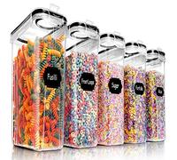 PRAKI Set di 5 contenitori per cereali, senza BPA, ermetici, con coperchi, per organizzare la dispensa della cucina e conservare zucchero, forniture da forno con 20 etichette e segno (4 L, nero)