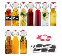 Praknu 10 Bottiglie Vetro 250ml con Tappo Ermetico - 10 Etichette e Penna - 10 Guarnizioni Extra - per Liquore, Olio, Birra & Vino