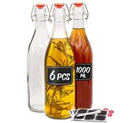 Praknu 6 Bottiglie Vetro 1 litro con Tappo Ermetico con 6 Guarnizioni Extra, 12 Ettichette e Penna - per Olio, Liquori, Vino, Succhi, Kombucha & Kefir D’Acqua