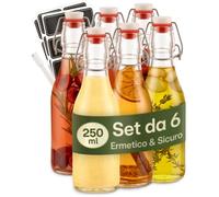 Praknu 6 Bottiglie Vetro 250ml con Tappo Ermetico con 6 Guarnizioni Extra, 12 Ettichette e Penna - per Olio, Liquori, Vino, Birra e Succhi