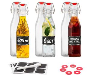 Praknu 6 Bottiglie Vetro 500ml con Tappo Ermetico - 6 Etichette e Penna - 6 Guarnizioni Extra - per Liquore, Olio, Birra & Vino