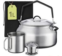 Praknu Bollitore Campeggio 1L Inox - Set con Tazza, Filtro Tè & Borsa - Per Stufa, Gas & Fiamma - Impilabile & Lavabile in Lavastoviglie - Caffettiera Bushcraft da Campeggio