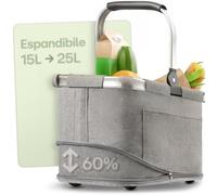 Praknu Cestino per La Spesa Pieghevole Piccolo - 2 in 1 Espandibile da 15L a 25L - Tessuto lavabile - Stabile con Telaio in Alluminio e Fondo Rinforzato - Tasche Extra interne ed esterne - Grigio