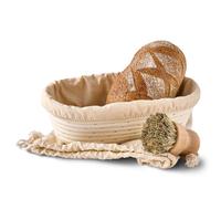 Praknu Cestino per Lievitazione del Pane - Ovale - In Rattan Sostenibile - 28 cm - Kit con Spazzola, Fodera di Lino & Sacchetto per il Pane